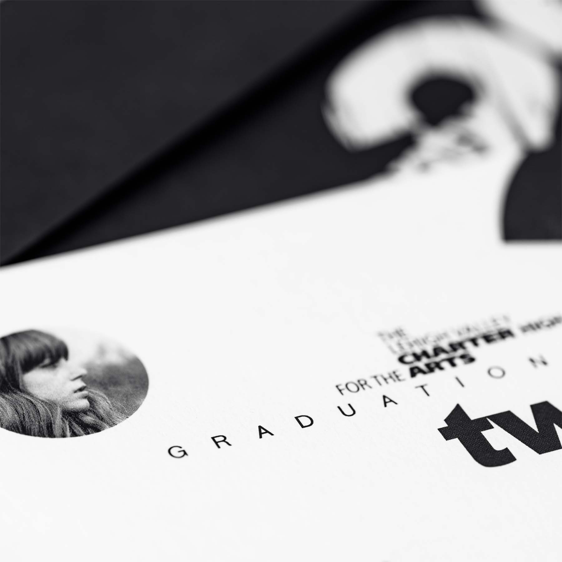 Pandemic black and white graduation announcement card featuring image of student cropped in a circle.